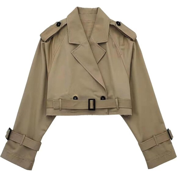 No Brand Jackets & Blazers - 💫 Women Cream Long Sleeve Trench Coat Cropped Belted Solid Button Cuffs Jacket